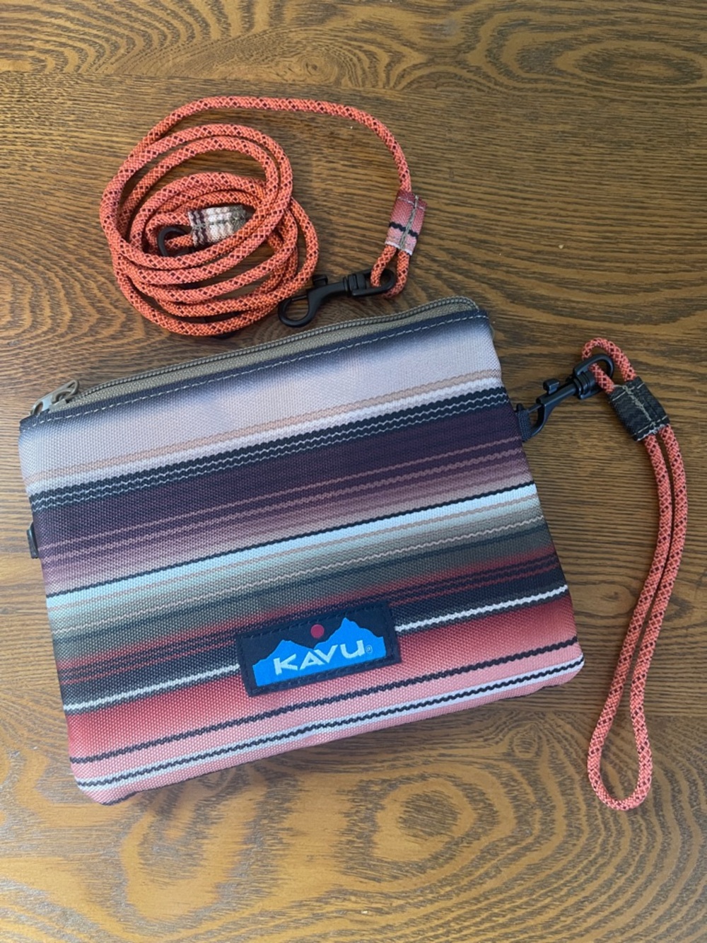 Kavu Striped Crossbody Pouch in Coral, Brown, and Blue